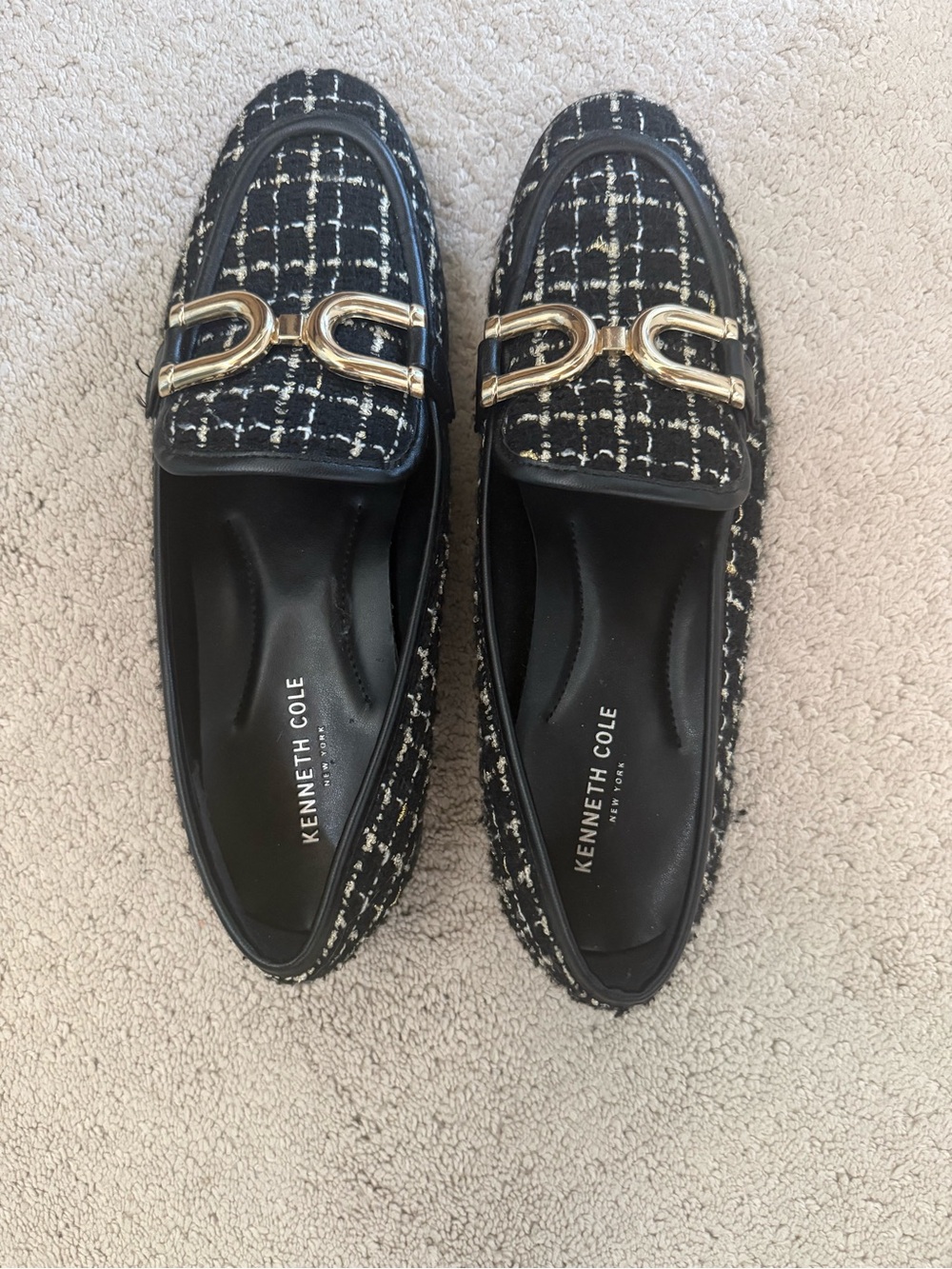 Kenneth Cole Black and White Tweed / Boucle Loafers with Gold Buckle